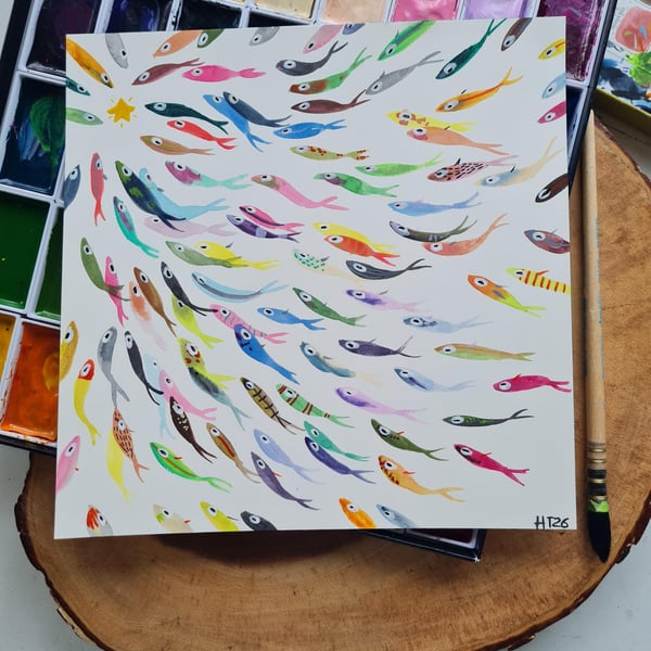 Original Watercolour hand painted vibrant, colourful fish art