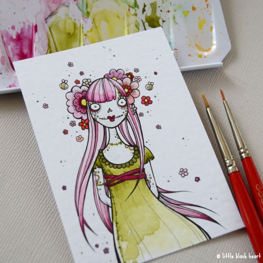 spring blossom zombie gal - original aceo