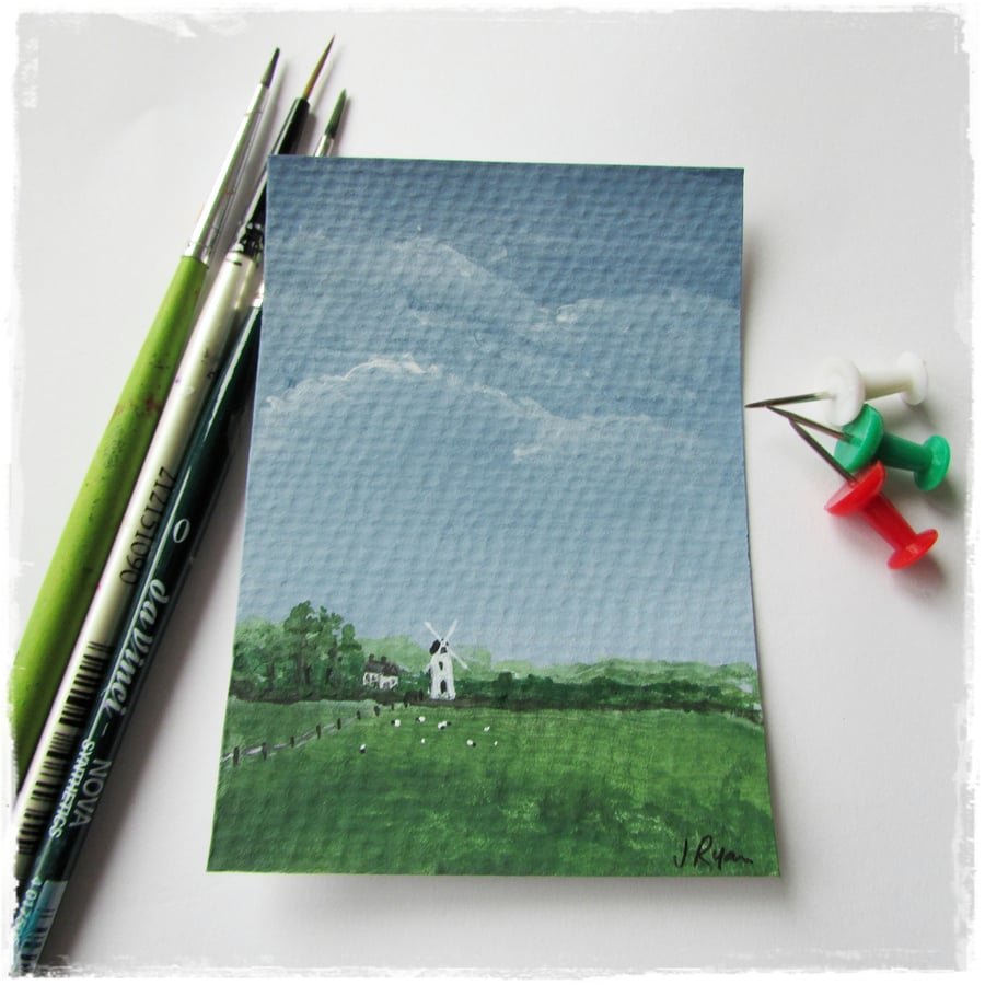 Original ACEO, Windmill across the Fen, Acrylic Painting