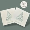  Pack of 2 hand printed Christmas tree cards with festive village scene, glitter