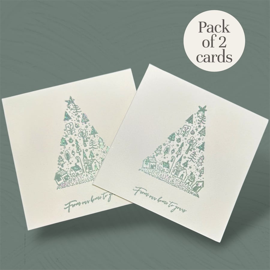  Pack of 2 Christmas tree cards festive village scene, from our home to yours