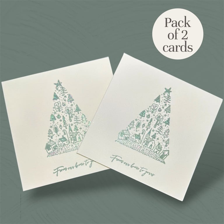 Pack of 2 Christmas tree cards festive village scene, from our home to yours