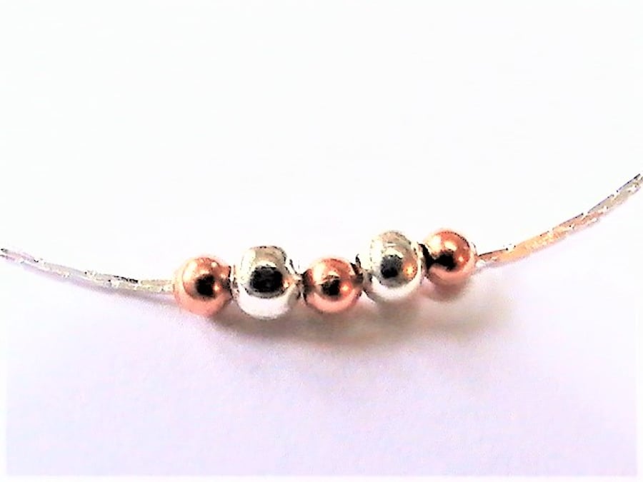 Dainty Silver Necklace,, Short, Fine Chain with Silver and Copper Beads