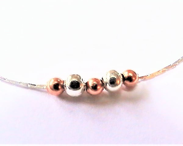 Dainty Silver Necklace,, Short, Fine Chain with Silver and Copper Beads