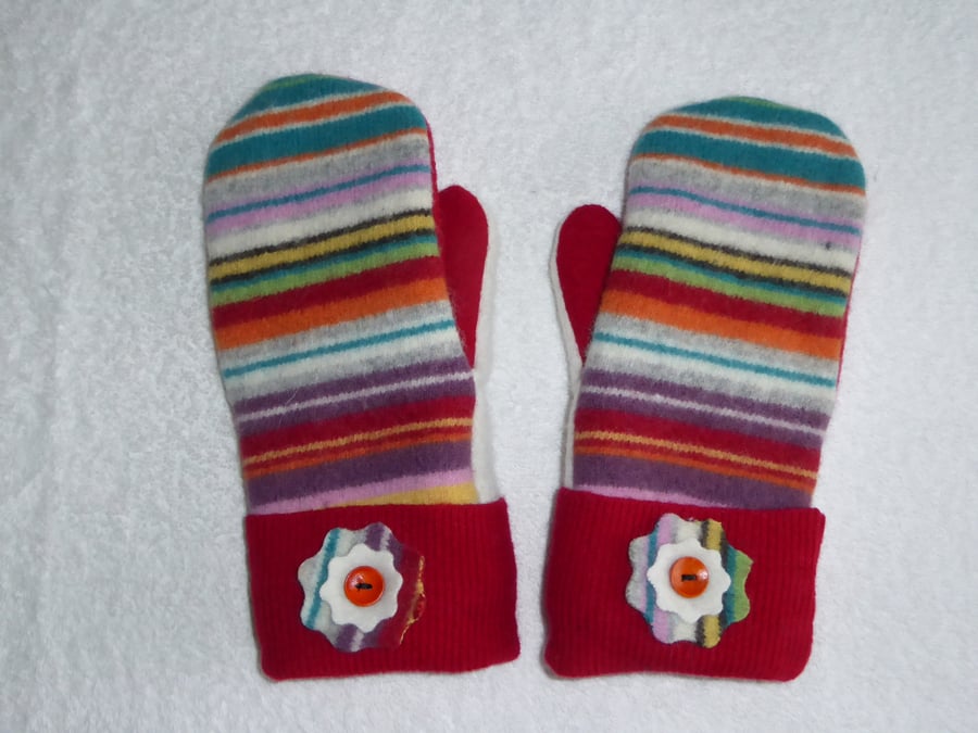 Mittens Created from Up-cycled Wool Jumpers. Fully Lined. Red Cuff
