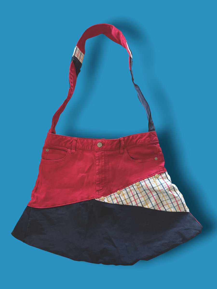 Upcycled Red & Navy Denim Crossbody Bag – Handmade from Preloved Fabrics