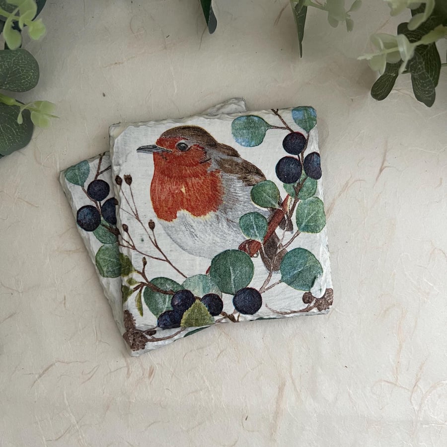 Slate Coasters Set of 2: Decoupage Robin - Home Decor, Dining, Gifts, Kitchen
