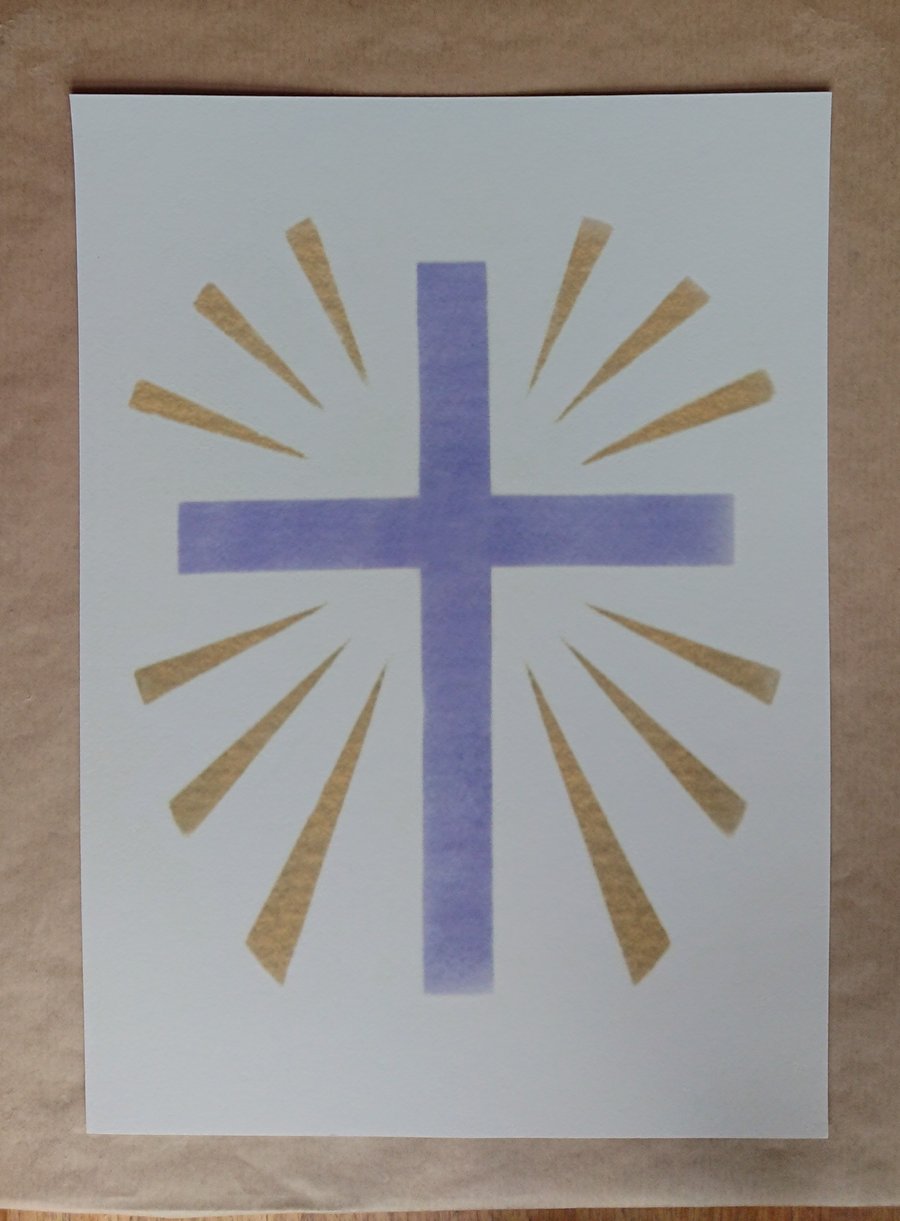 Purply blue Easter Cross with gold rays, a giclee print artist proof