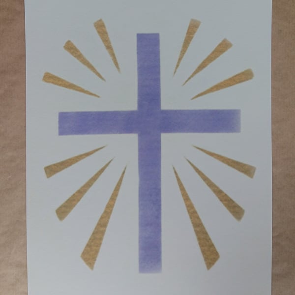 Purply blue Easter Cross with gold rays, a giclee print artist proof