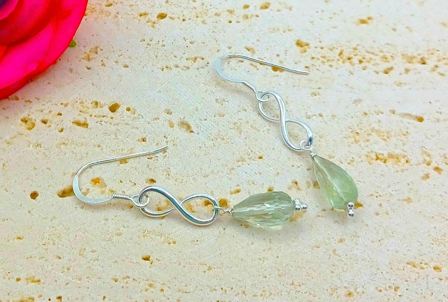 Green Amethyst Sterling Silver Earrings, Infinity Earrings, Sterling Silver Drop