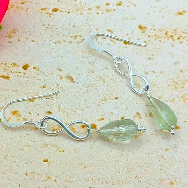 Green Amethyst Sterling Silver Earrings, Infinity Earrings, Sterling Silver Drop