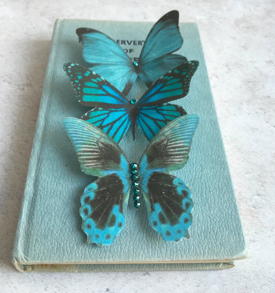 Trio of Teal silk butterfly hair clips with Swarovski Crystals.