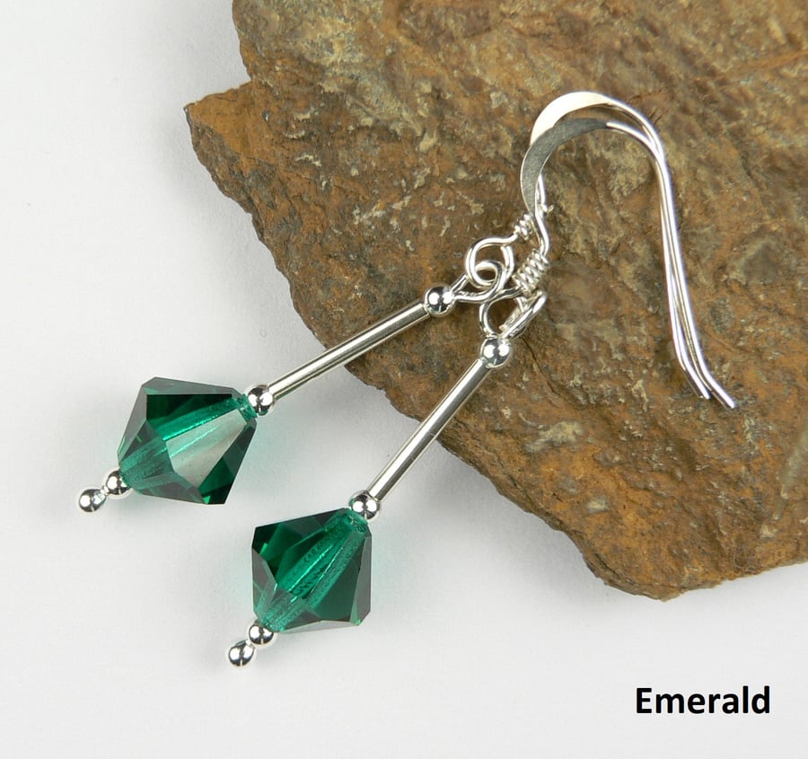 Green Preciosa crystal drop earrings, sterling silver, 8mm, bicone
