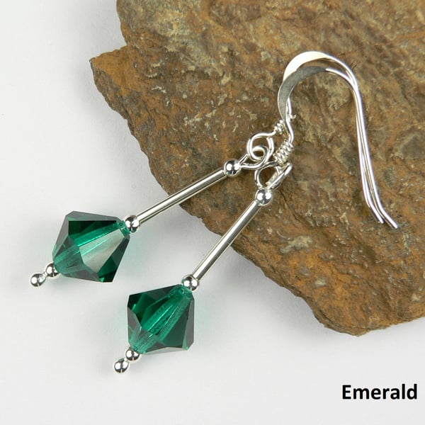 Green Preciosa crystal drop earrings, sterling silver, 8mm, bicone