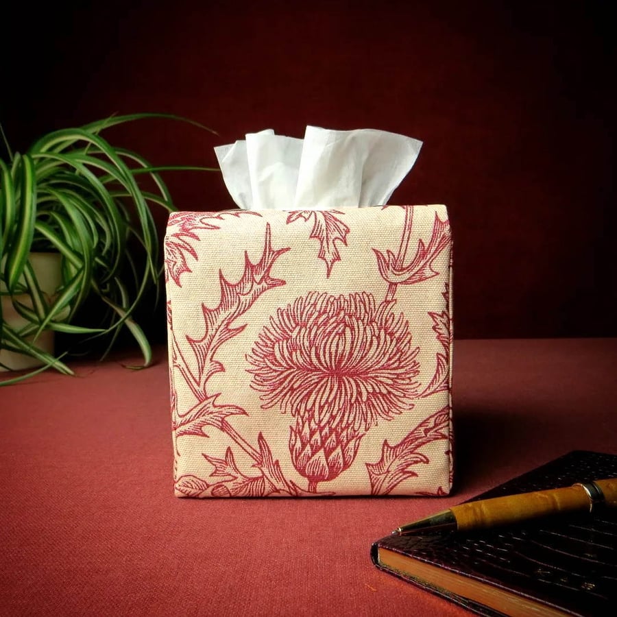 Square Tissue Box Cover - Red Thistle