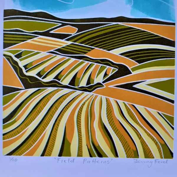 Field Patterns, lino print landscape..