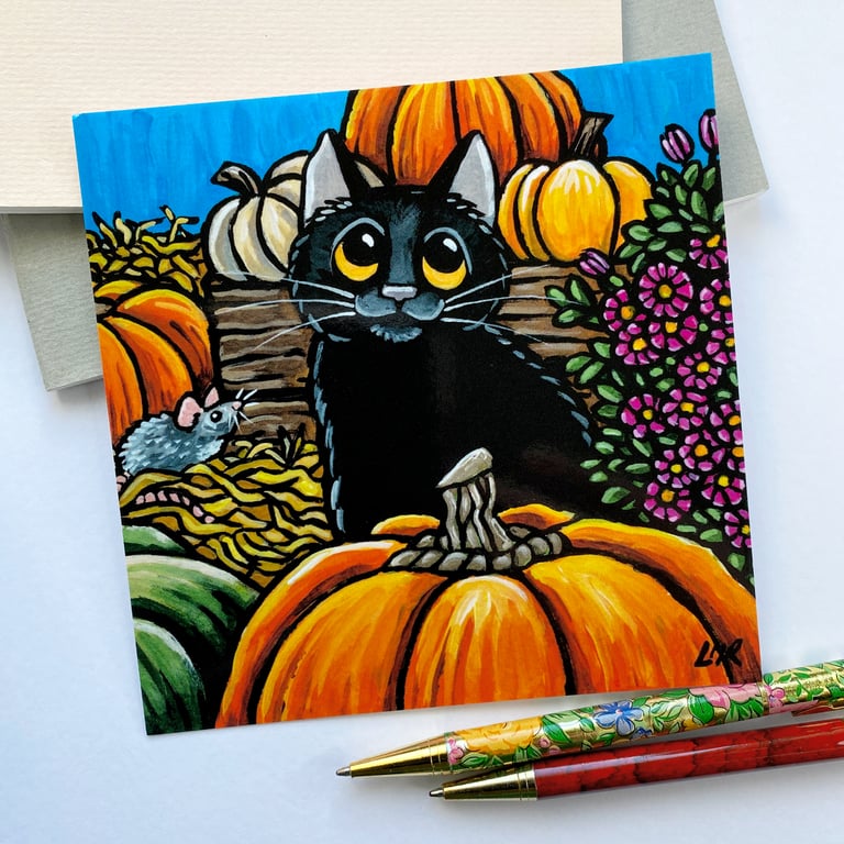 Black Cat, Mouse and Pumpkins Postcard