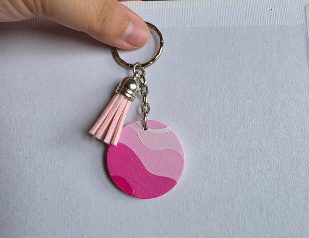 Pink Abstract Wooden Keyring With Tassel