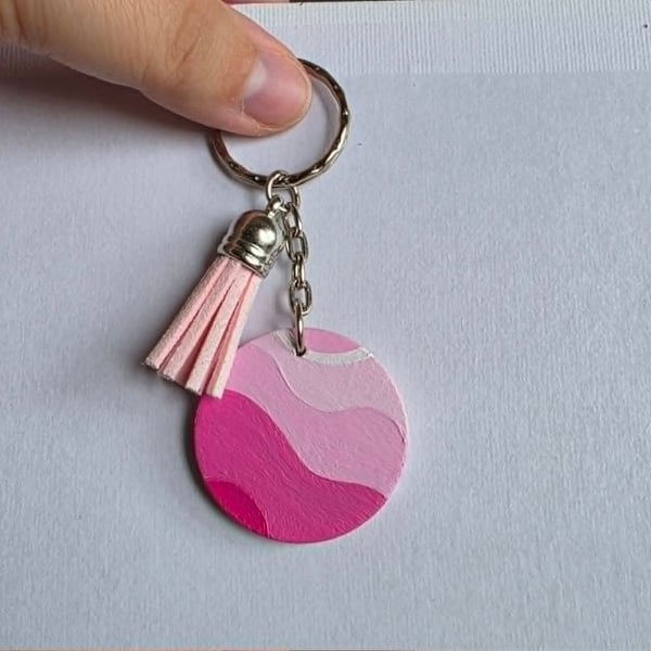 Pink Abstract Wooden Keyring With Tassel