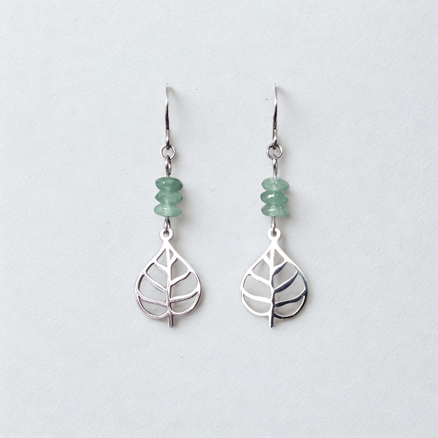 Earrings Aventurine Stone bead Leaf Charm Silver Stainless Steel Hypoallergenic