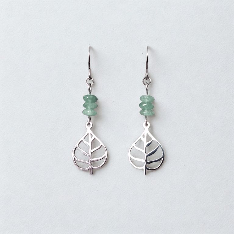 Earrings Aventurine Stone bead Leaf Charm Silver Stainless Steel Hypoallergenic