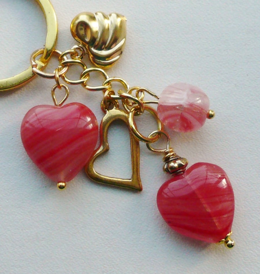 Keyring Soft Red Czech Glass Beaded Gold Tone Heart Themed  KCJ1684