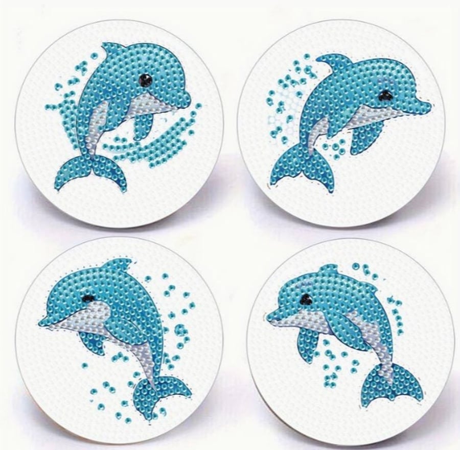 4pcs 5D Diamond Painting Coasters Kit Dolphin Coasters DIY Blue Diamond Coasters