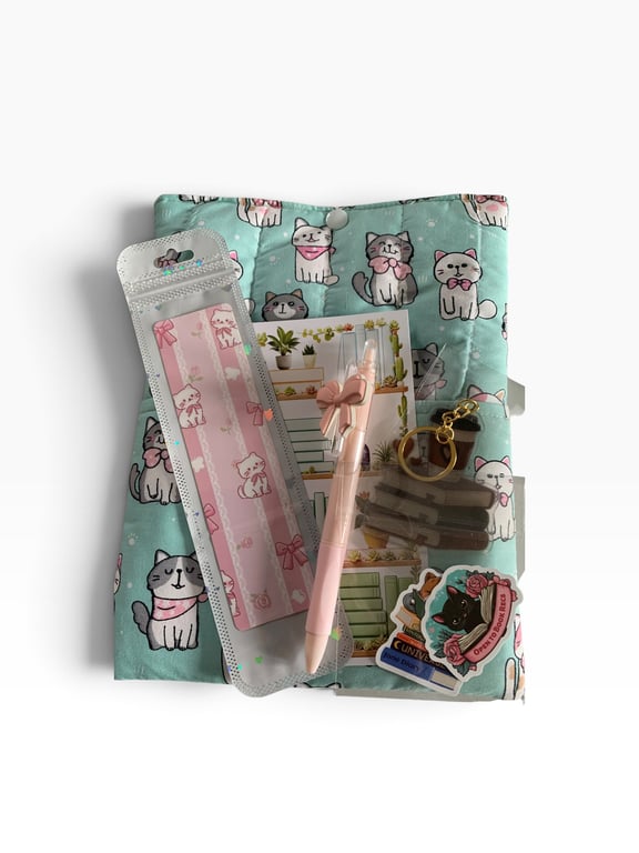 Cute Kitty Reading Gift Set.  Small Handmade Book Sleeve and Accessories.