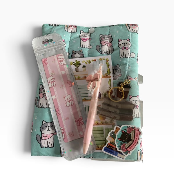 Cute Cat Reading Gift Set.  Small Handmade Book Sleeve and Accessories.