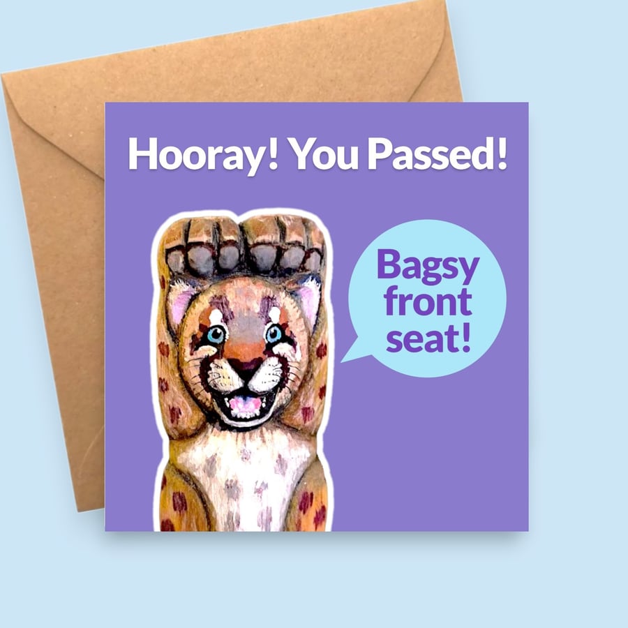Funny Passed Driving Test Card - Bagsy Front Seat - Puma Congratulations Card
