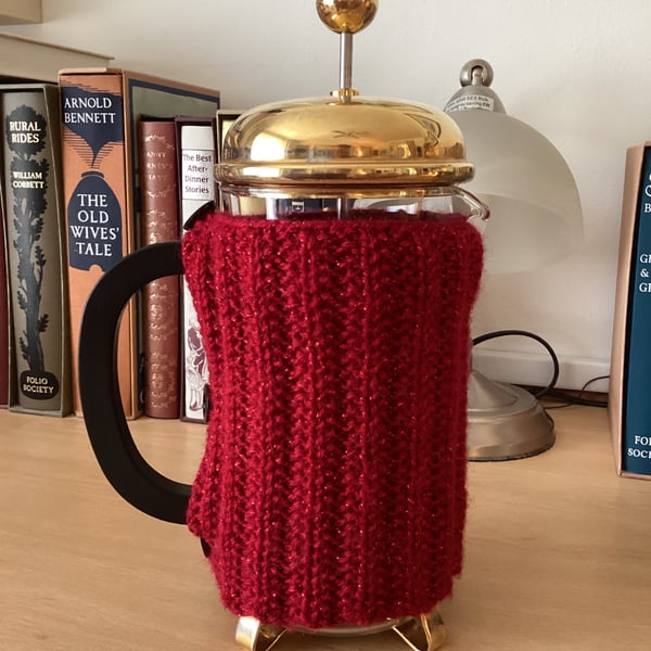 HAND KNITTED CAFETIERE COSY FOR A 1 LITRE POT IN RED SPARKLING YARN