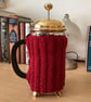 HAND KNITTED CAFETIERE COSY FOR A 1 LITRE POT IN RED SPARKLING YARN