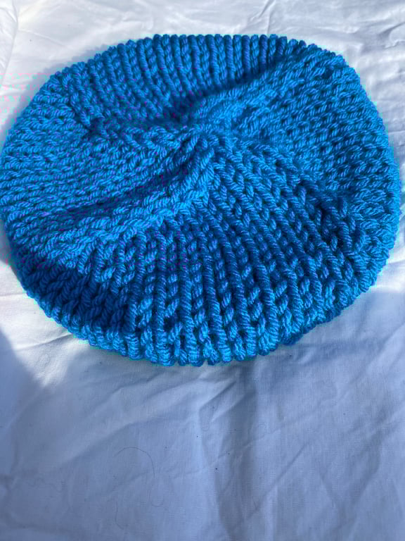 Beautiful Bright Blue Beret, Handknitted