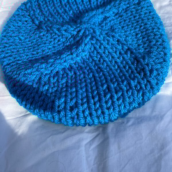 Beautiful Bright Blue Beret, Handknitted