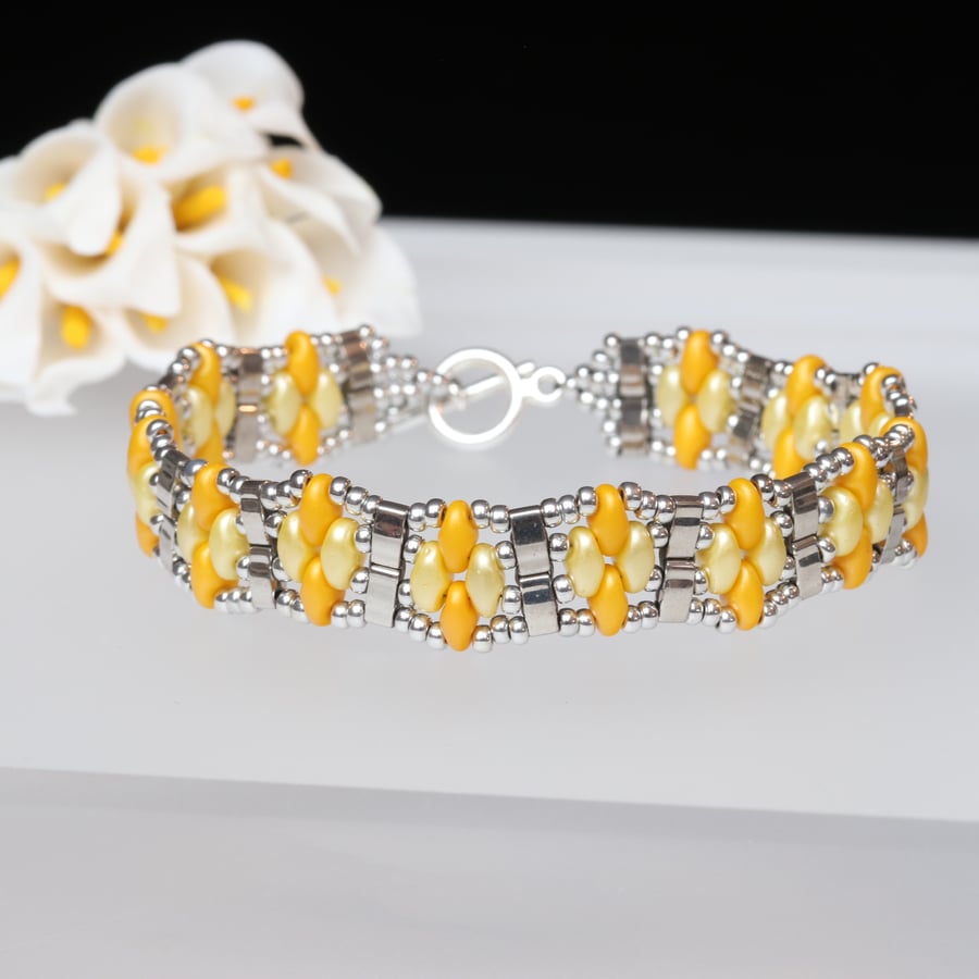 SuperDuo Narrow Cuff Bracelet in Yellow, Orange and Silver
