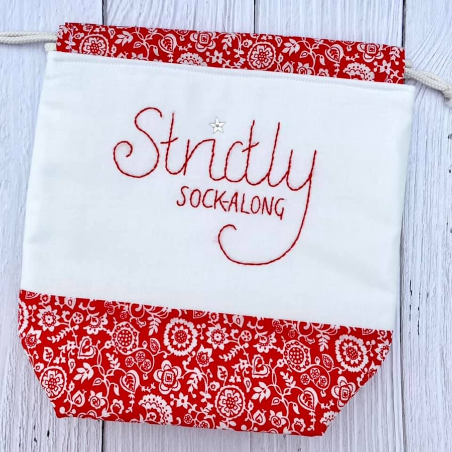 'Strictly Sock-Along' Project Bag with Hand Embroidery - Red
