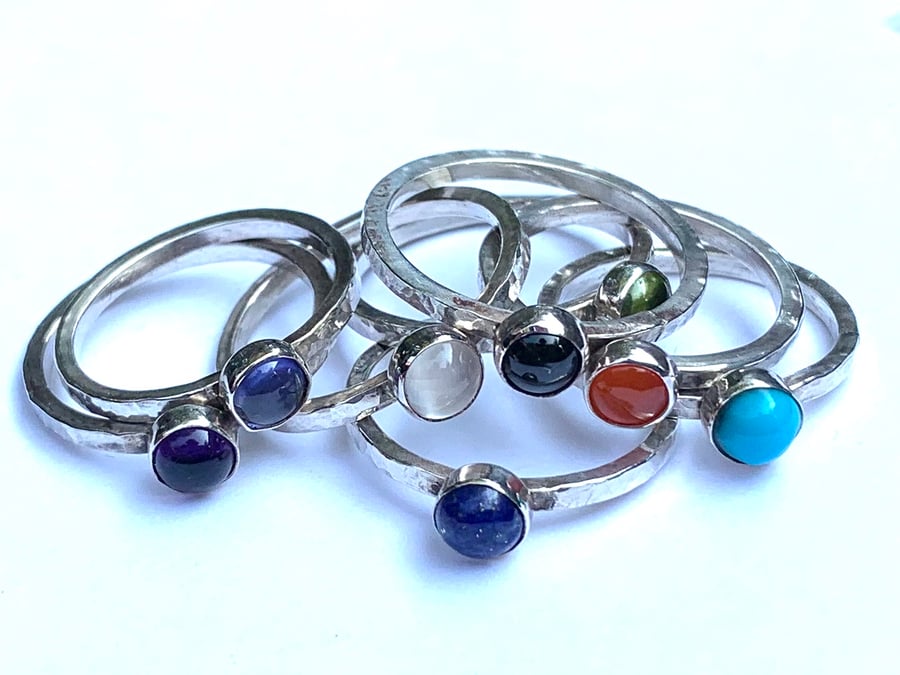 Handmade Textured Sterling Silver Ring with 5mm Semi-Precious Cabochon