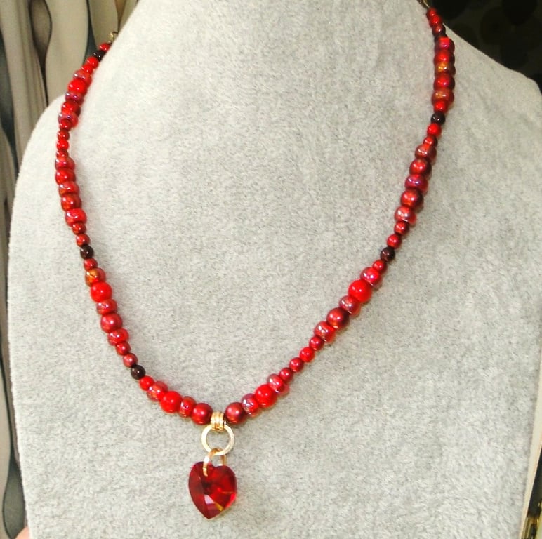 Shades of red bead necklace with an Austrian crystal heart   valentines gift
