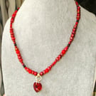 Shades of red bead necklace with an Austrian crystal heart   valentines gift