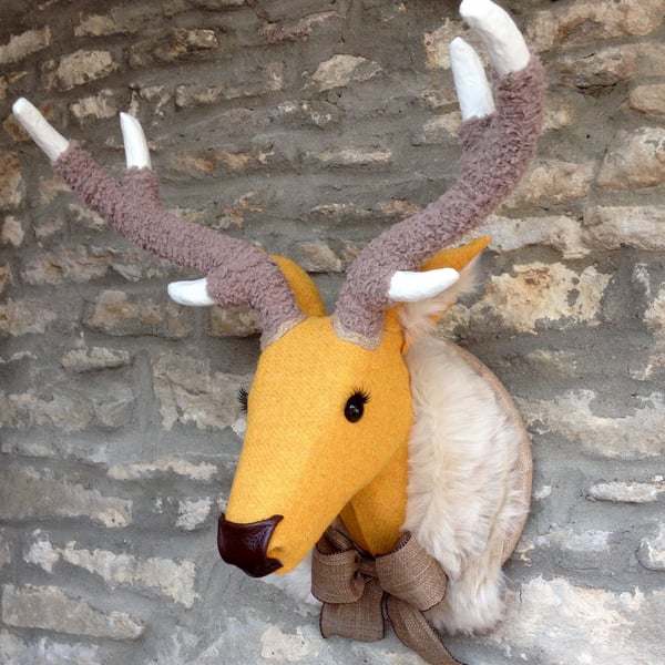 Faux taxidermy Harris tweed citrus yellow deer stag wall mounted animal head