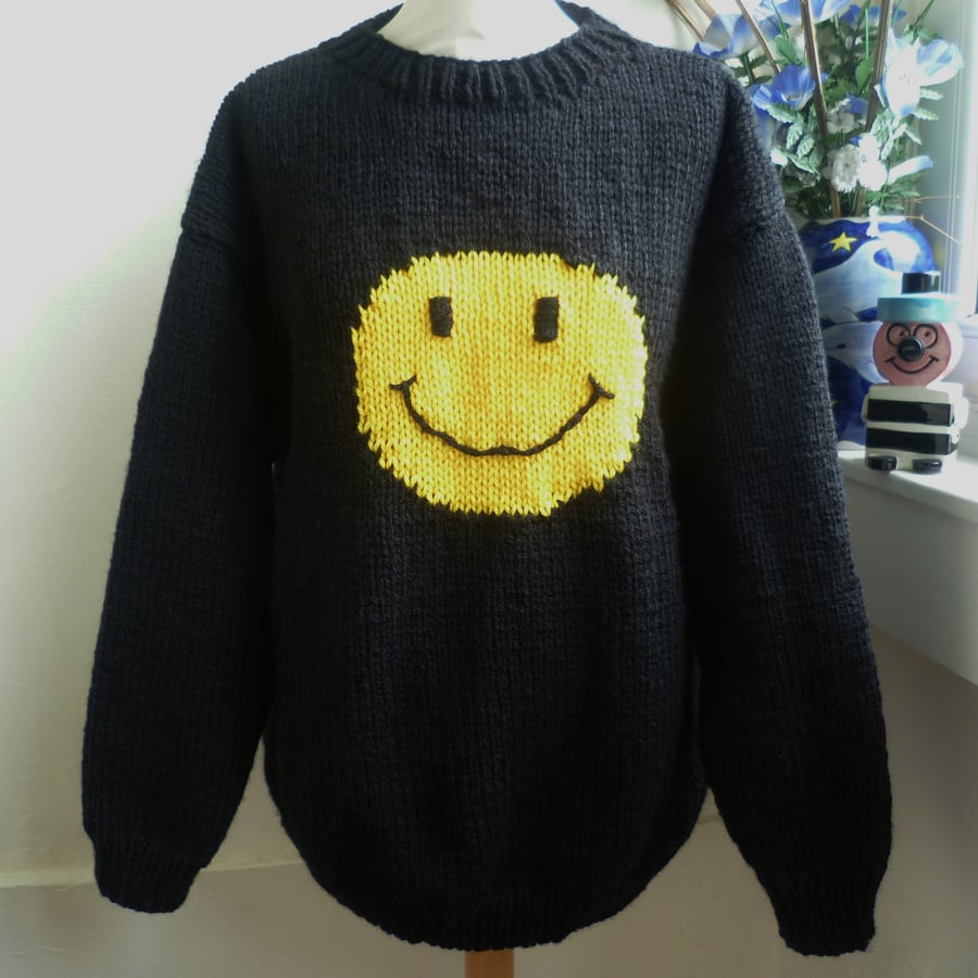 Hand knitted crew neck smiley face jumper