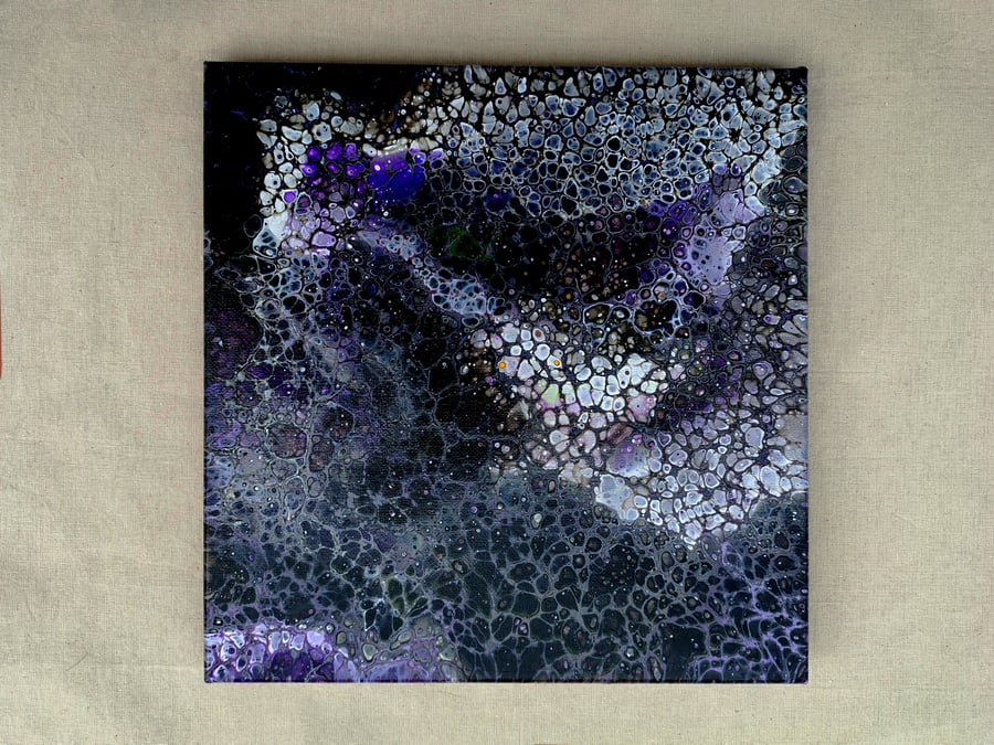Acrylic Pour Art Canvas, Wall Art - Purple, Black, White and Green Colour Scheme