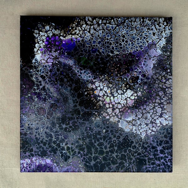 Acrylic Pour Art Canvas, Wall Art - Purple, Black, White and Green Colour Scheme