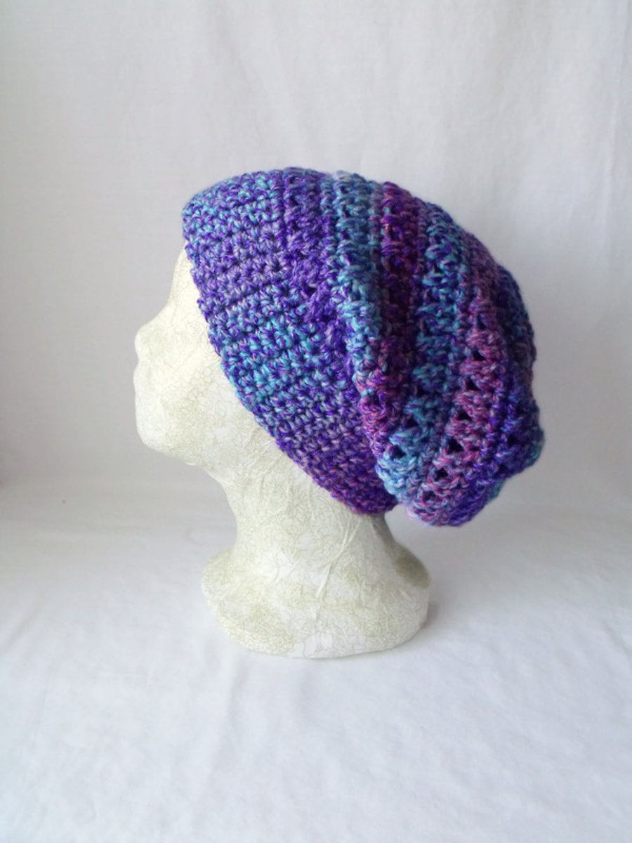 lilac crocheted slouchie beanie hat with criss cross stitches