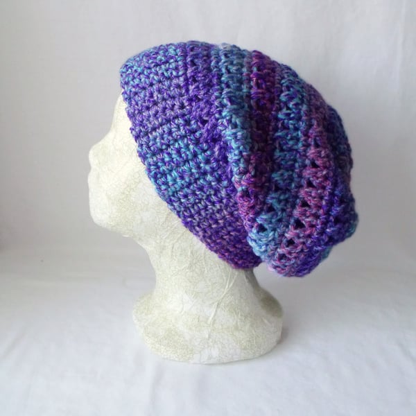 lilac crocheted slouchie beanie hat with criss cross stitches