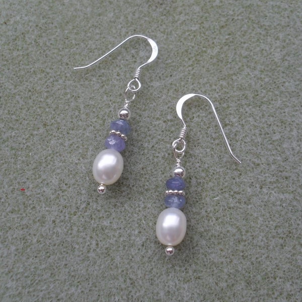 Sterling Silver Tanzanite and Freshwater pearl earrings