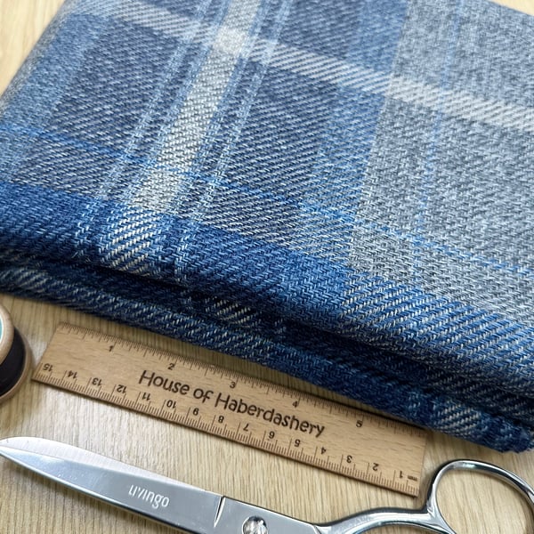 Grampian 'Border' Navy Blue & Grey Tartan Check Faux Wool Upholstery Fabric