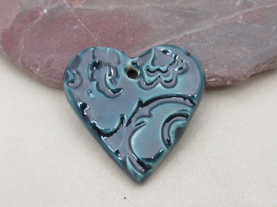 Medium Petrol Blue Brocade Texture Heart Shaped Ceramic Pendant