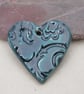 Medium Petrol Blue Brocade Texture Heart Shaped Ceramic Pendant - Image 1