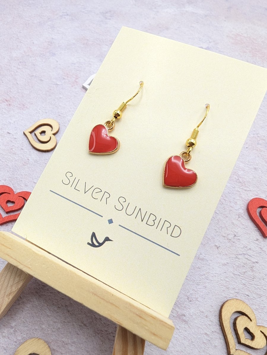 Red Heart Earring, Enamel Hearts with Gold-Plated Sterling Silver Earring Hooks